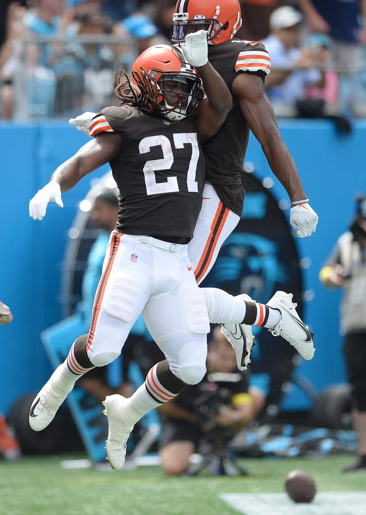 Cleveland Browns running back Kareem Hunt, left, celebrates a touchdown run with wide receiver Donovan Peoples-Jones during second quarter action against the Carolina Panthers at Bank of America Stadium on Sunday, September 11, 2022.