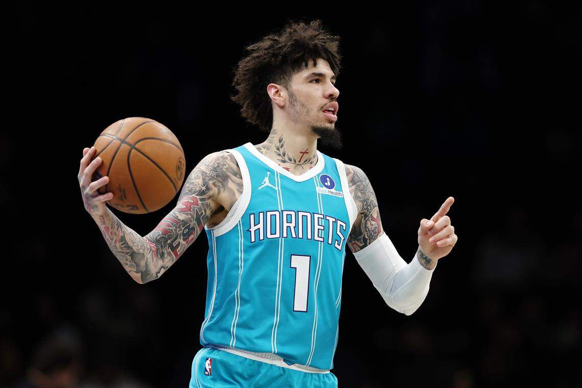 Charlotte Hornets star LaMelo Ball dribbles during Monday’s first half against the Brooklyn Nets at Barclays Center.