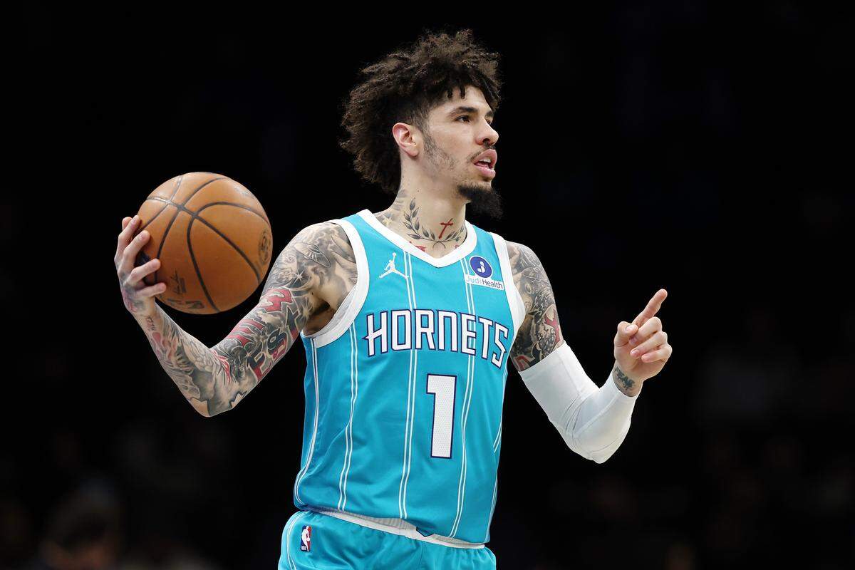 Charlotte Hornets star LaMelo Ball dribbles during Monday’s first half against the Brooklyn Nets at Barclays Center.