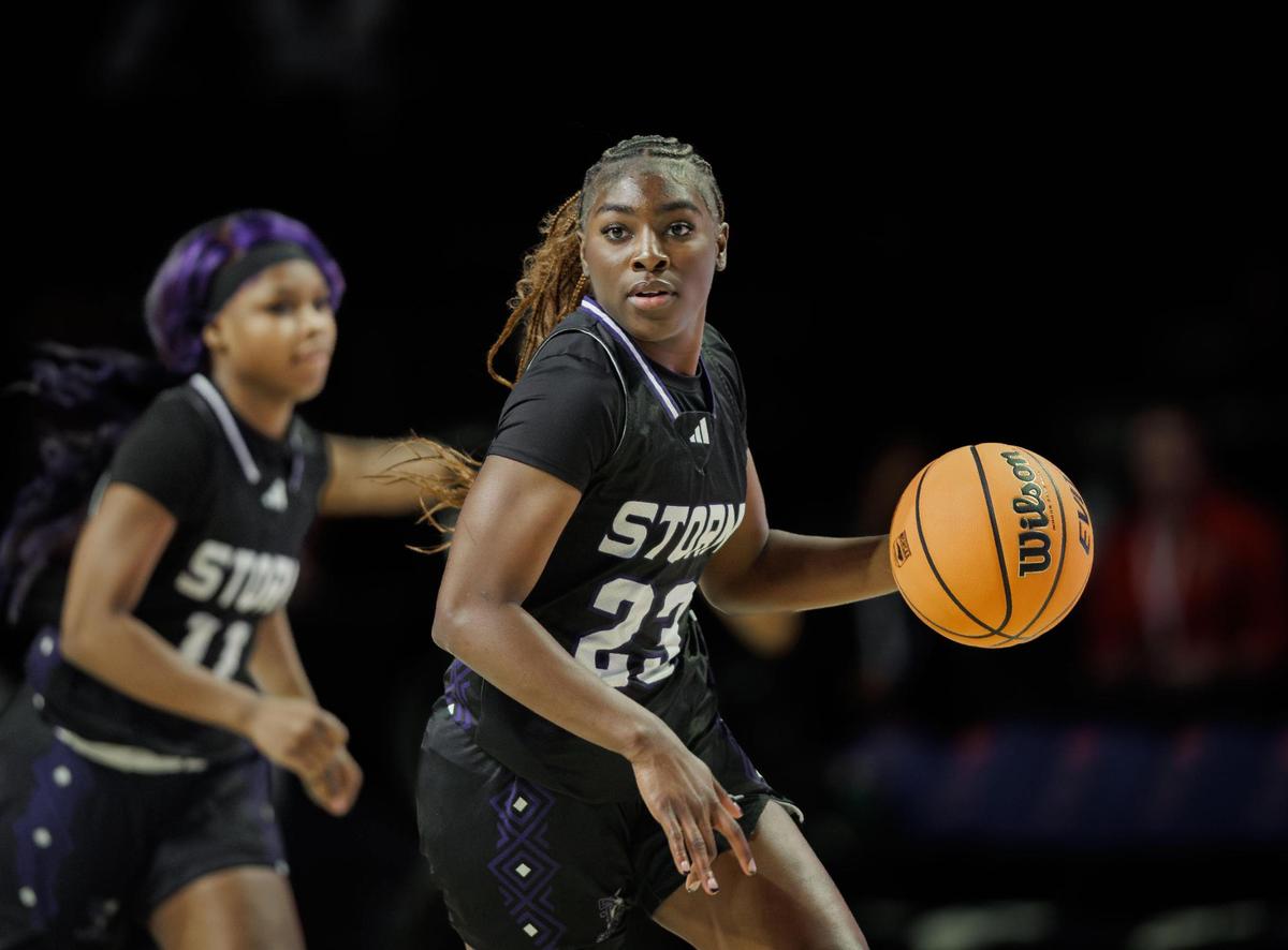Stuart Cramer’s Oshauna Holland (23) brings the ball into the backcourt. Stuart Cramer would play Western Alamance in the 3A NCHSAA State Championship Friday March 14, 2025.