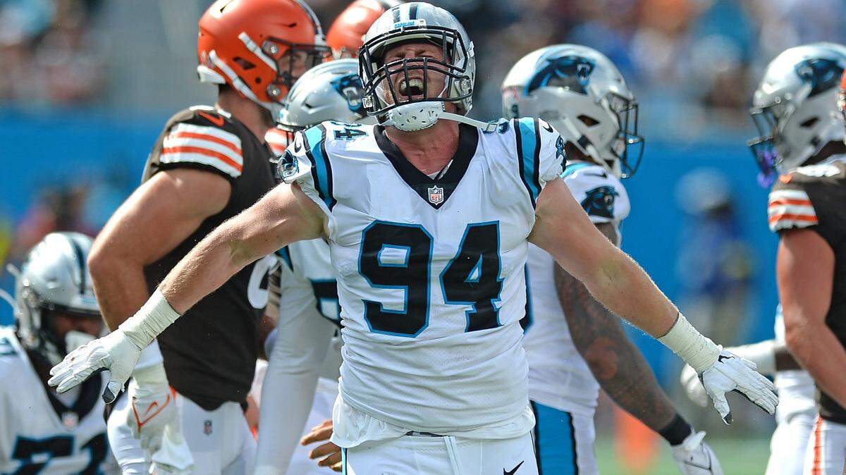 Carolina Panthers defensive end Henry Anderson celebrates a stop against the Cleveland Browns offense during second half action at Bank of America Stadium on Sunday, September 11, 2022. The Browns defeated the Panthers 26-24.