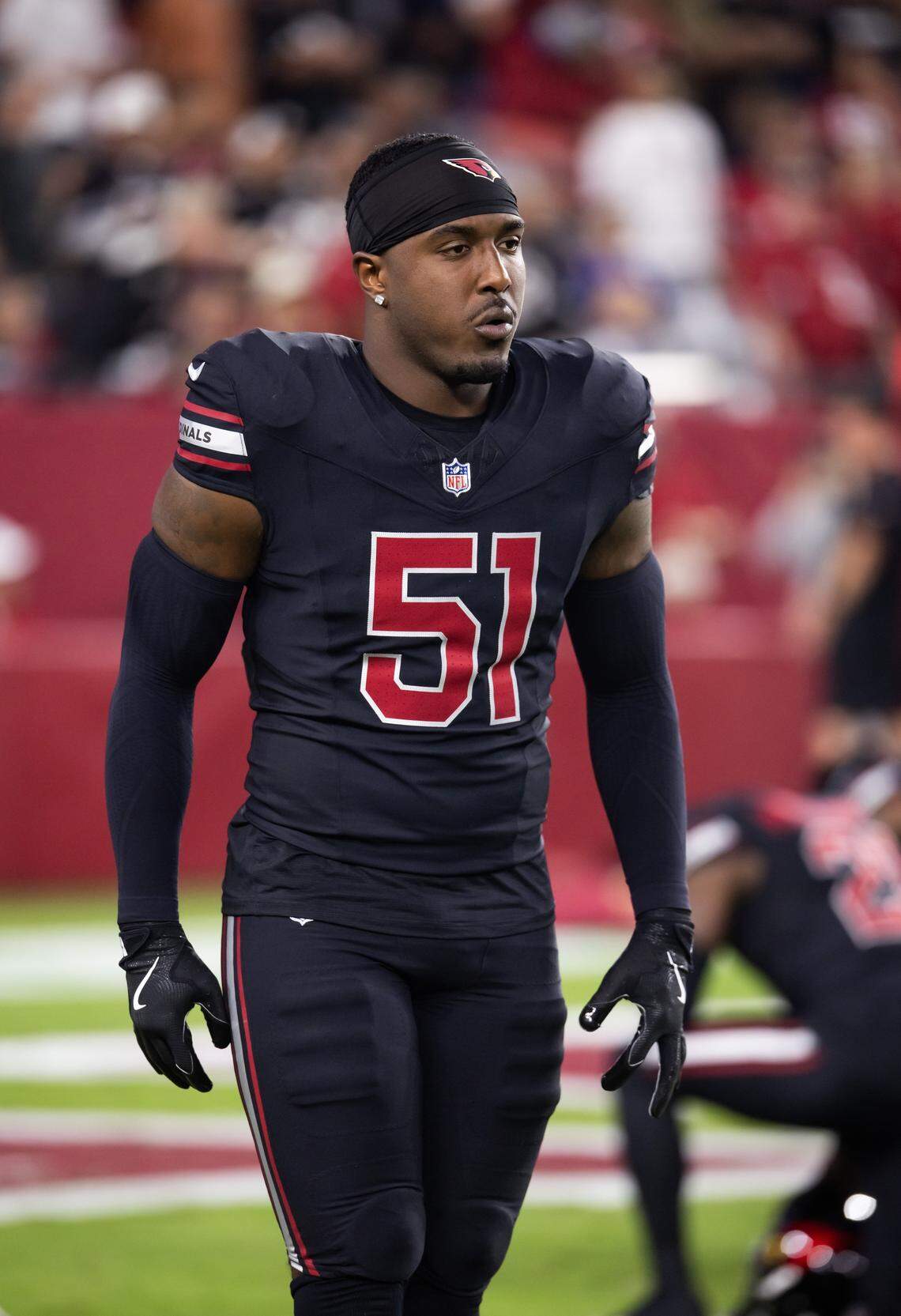Oct 21, 2024; Glendale, Arizona, USA; Arizona Cardinals linebacker Krys Barnes (51) against the Los Angeles Chargers at State Farm Stadium. 