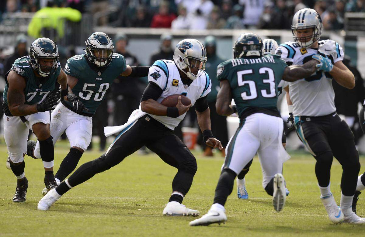 Carolina Panthers quarterback Cam Newton (1), after struggling for much of the first three quarters, led a fourth-quarter comeback that included three touchdown passes in the final 11 minutes of a 21-17 victory over the Philadelphia Eagles.