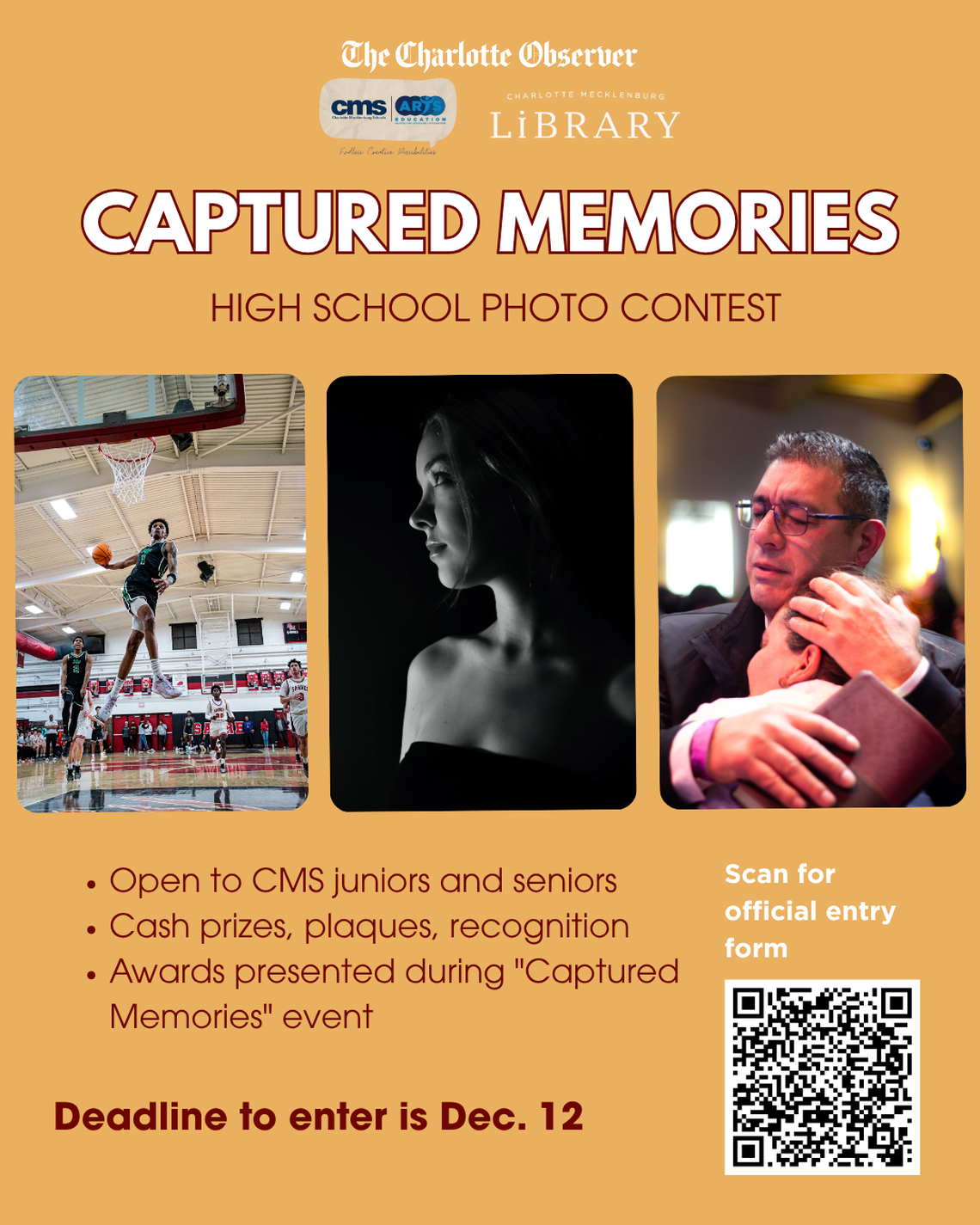 Enter The Captured Memories High School Student Photo Contest for a chance to win cash prizes. Deadline to submit is Dec. 12. Official entry form accessed by scanning the QR code.