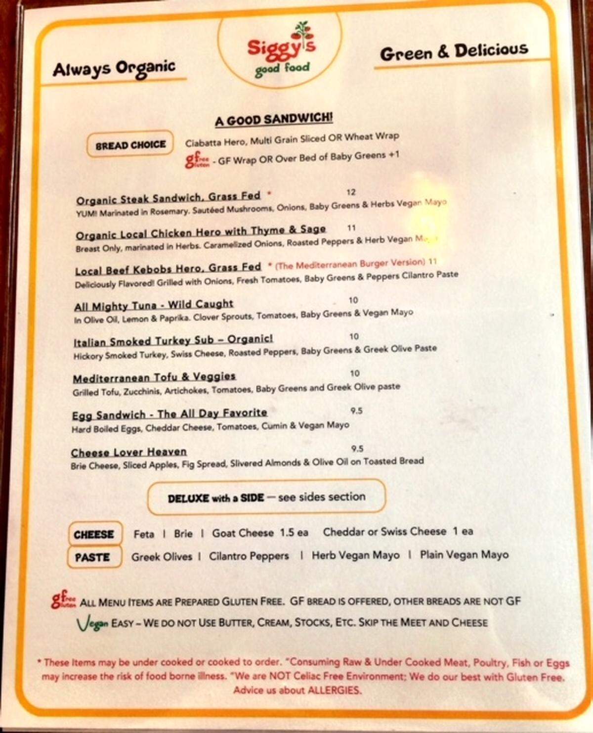 Sandwiches include gluten-free and vegan options.