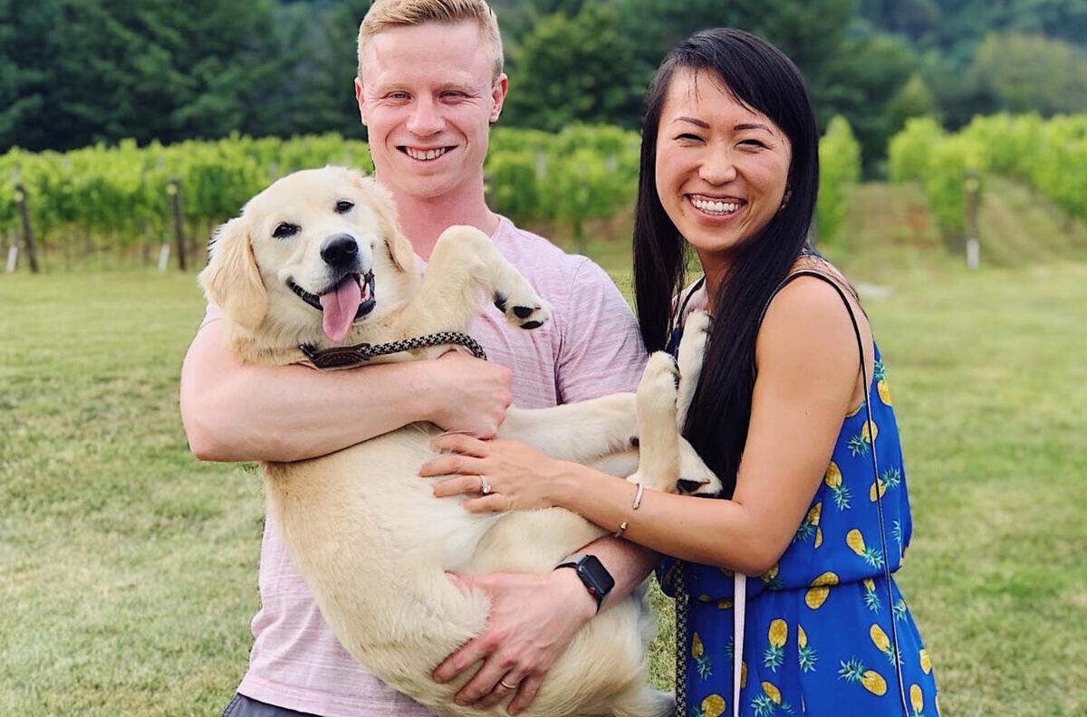 Shuang Shuang Liang, her husband, Tom, and their dog, Muffin, enjoy the outdoors to help set their bodies and minds on a healthy schedule.