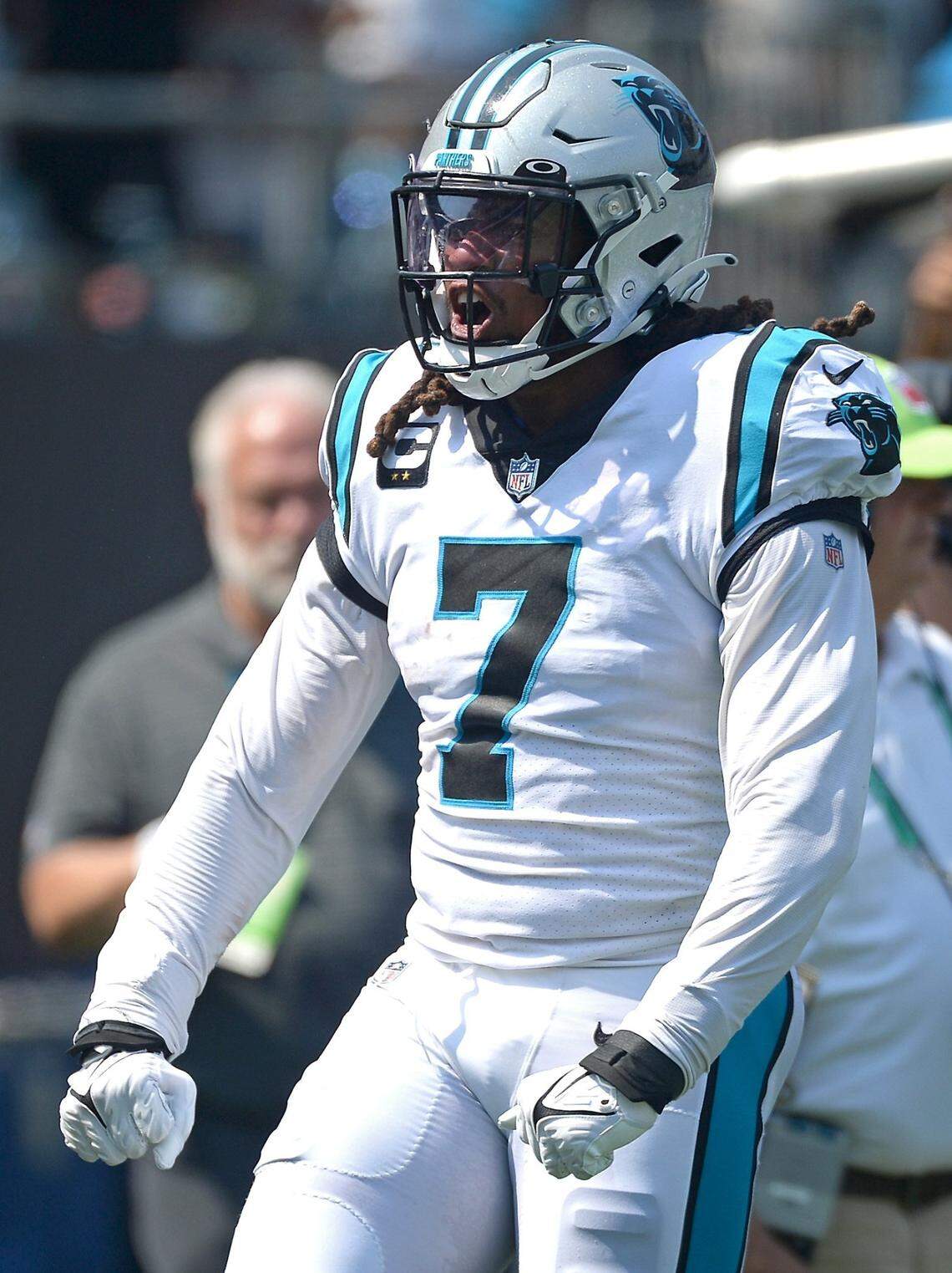 Carolina Panthers linebacker Shaq Thompson celebrates his interception of a pass by New York Jets quarterback Zach Wilson during second quarter action at Bank of America Stadium in Charlotte, NC on Sunday, September 12, 2021.