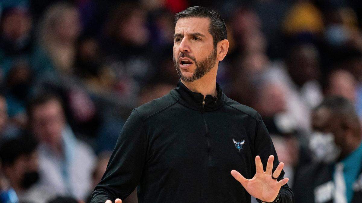 Charlotte Hornets head coach James Borrego looks on during the first half of an NBA basketball game against the Los Angeles Lakers in Charlotte, N.C., Friday, Jan. 28, 2022. (AP Photo/Jacob Kupferman)