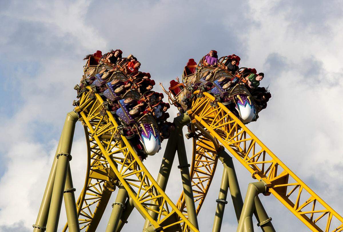 Guests ride Stardust Racers, a new dueling roller coaster ride in Celestial Park during a preview day for Universal Epic Universe in Orlando, Florida, on April 5, 2025. 
