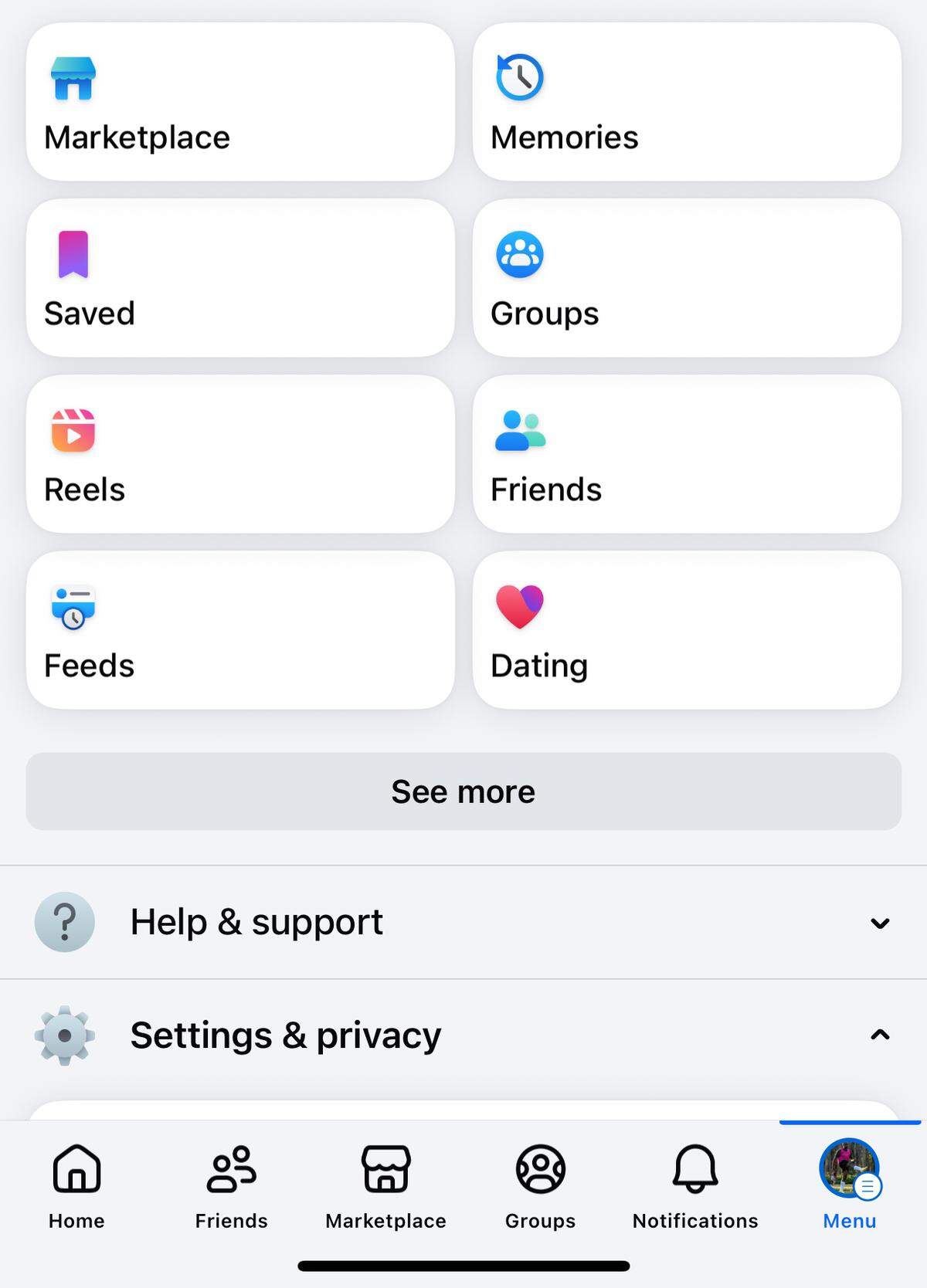 This screenshot shows an account menu on Facebook.
