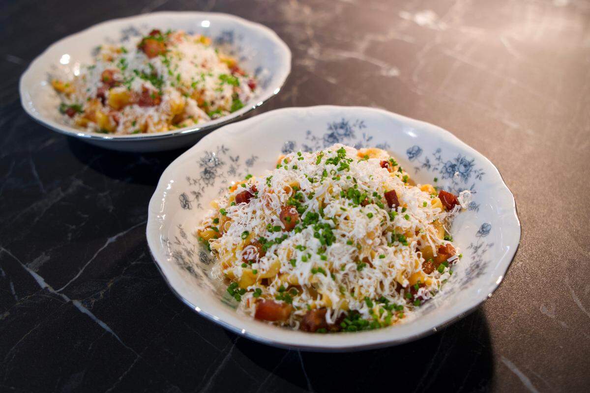 Henrietta’s fettucini with pancetta, confit tomato, chili and garlic butter, and ricotta salata.