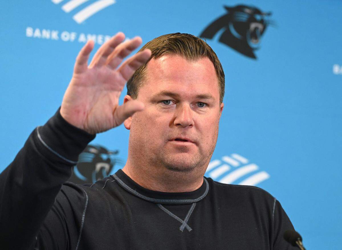 Carolina Panthers general manager Scott Fitterer responds to a question during a press conference at Bank of America Stadium in Charlotte, NC on Monday, March 20, 2023.