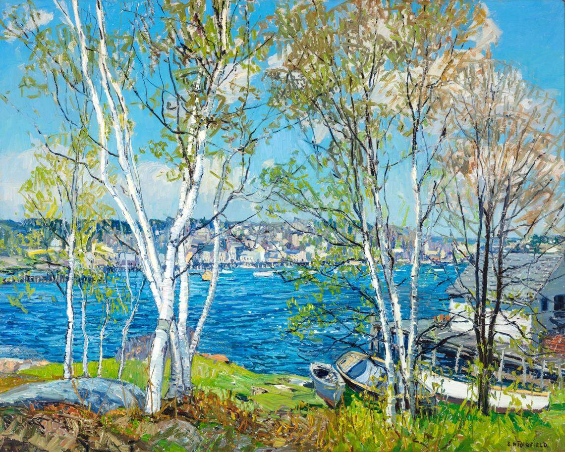 Edward Redfield’s “Birches and Harbor, Maine” oil painting, circa 1920, is part of the Mint Museum Uptown’s “American Made” exhibition.