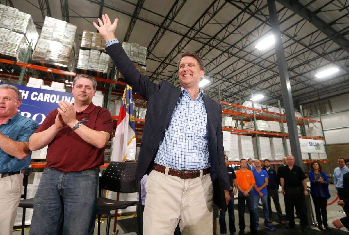Governor Pat McCrory waves to supporters after launching his reelection campaign during an event at Salem One in Kernersville, N.C., Wednesday, Dec. 2, 2015.