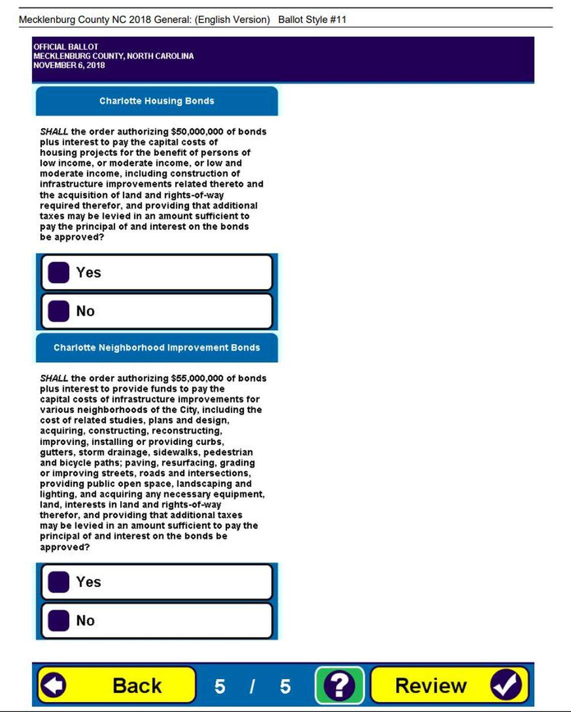 A page from a sample ballot in Mecklenburg County, showing two of the bond issues voters will be asked to decide on this election.