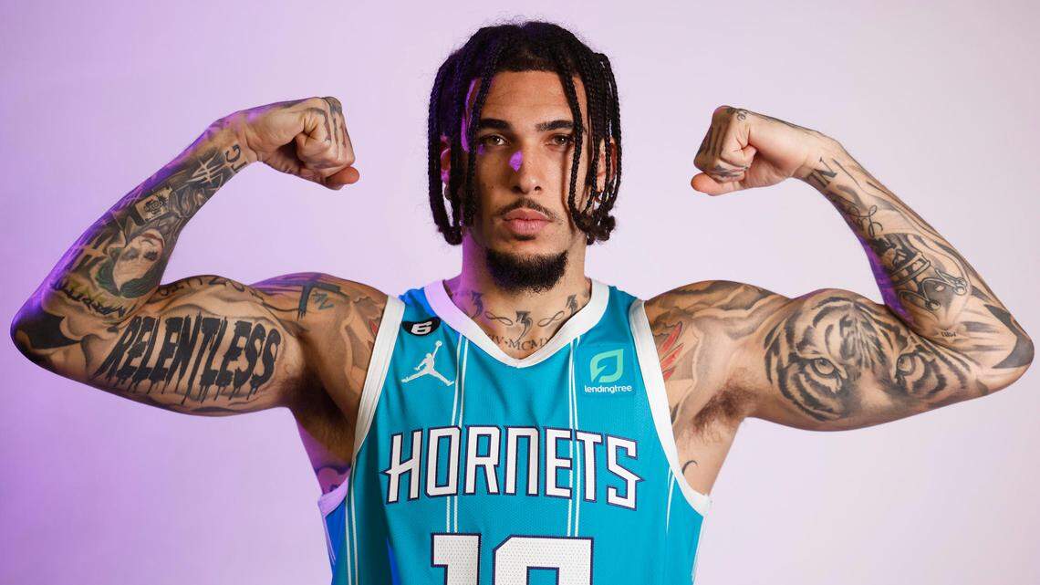 Charlotte Hornets guard LiAngelo Ball poses for a portrait at Spectrum Center in Charlotte, N.C., Monday, Sept. 26, 2022.