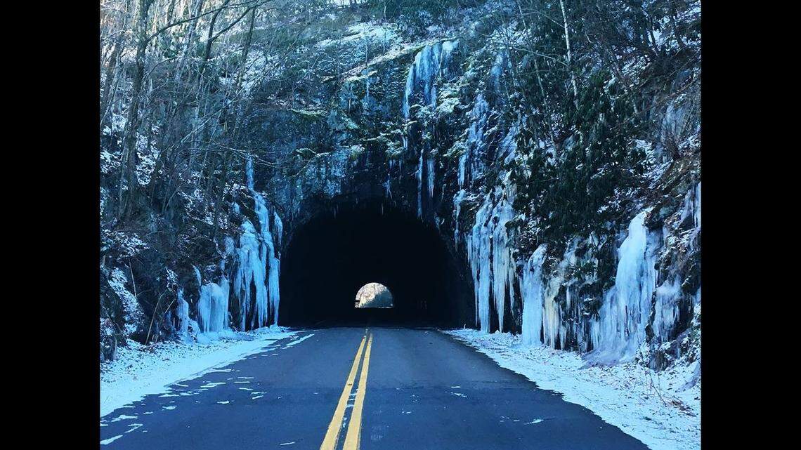 This is the 630-foot-long Little Switzerland Tunnel (Milepost 333.4) on the Blue Ridge Parkway. The tunnels on the popular parkway tend to be filled with ice in the winter, officials say.