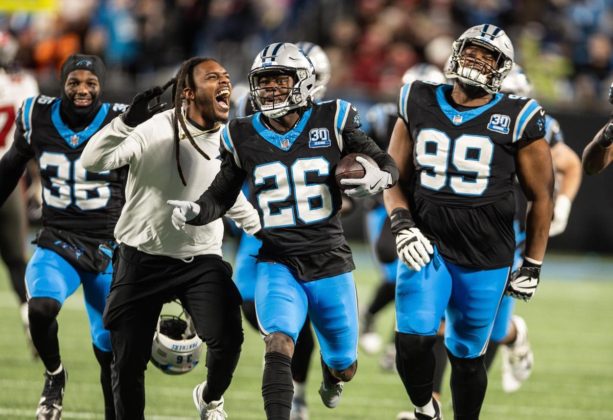 Carolina Panthers cornerback Chau Smith-Wade celebrates an interception against the Tampa Bay Buccaneers at the Bank of America Stadium in Charlotte, N.C., on Sunday, December 1, 2024.