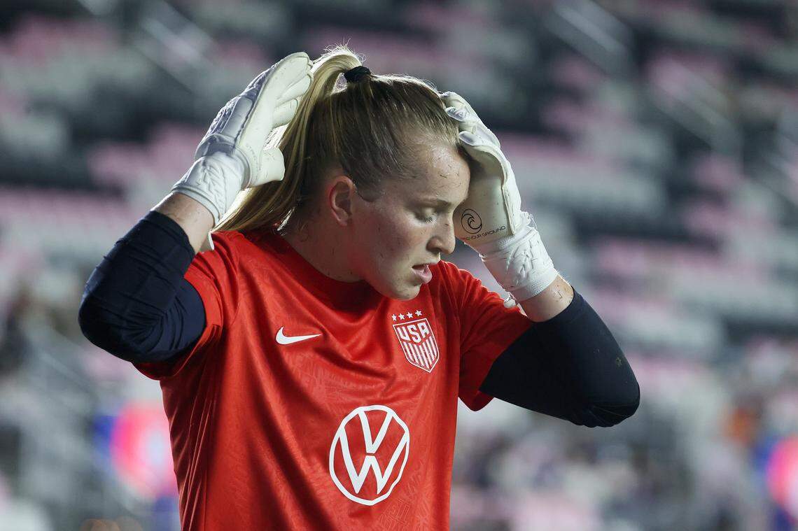 Keeper Claudia Dickey of United States reacts prior to an International Friendly game between United States and Italy at Chase Stadium on Dec. 1, 2025 in Fort Lauderdale, Florida.