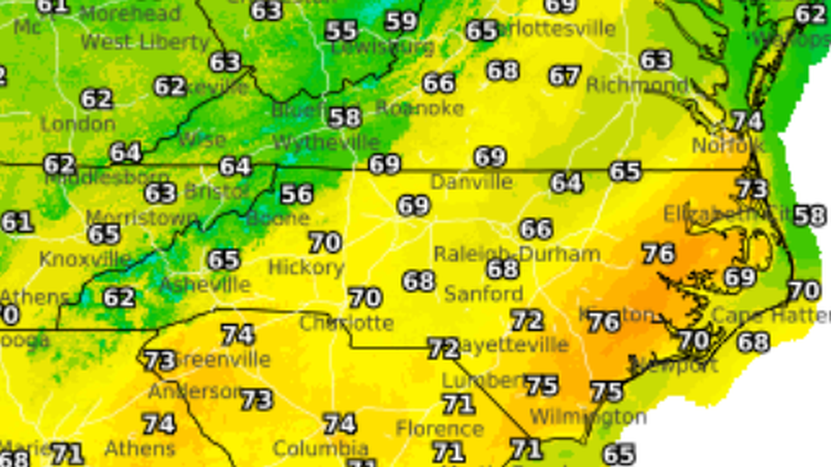 The National Weather Service is projecting temperatures in Charlotte to reach 70 degrees Monday after rainfall in the morning.