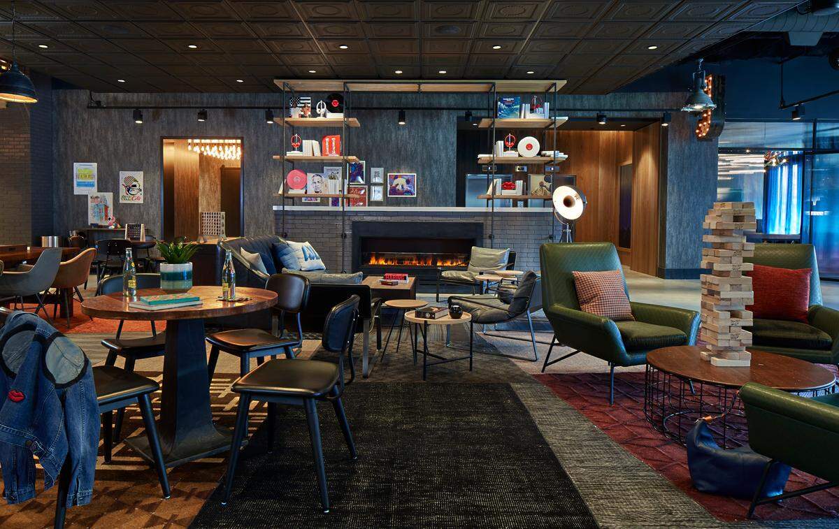 The millennial-focused Moxy Atlanta Midtown features a game-room-inspired lobby.