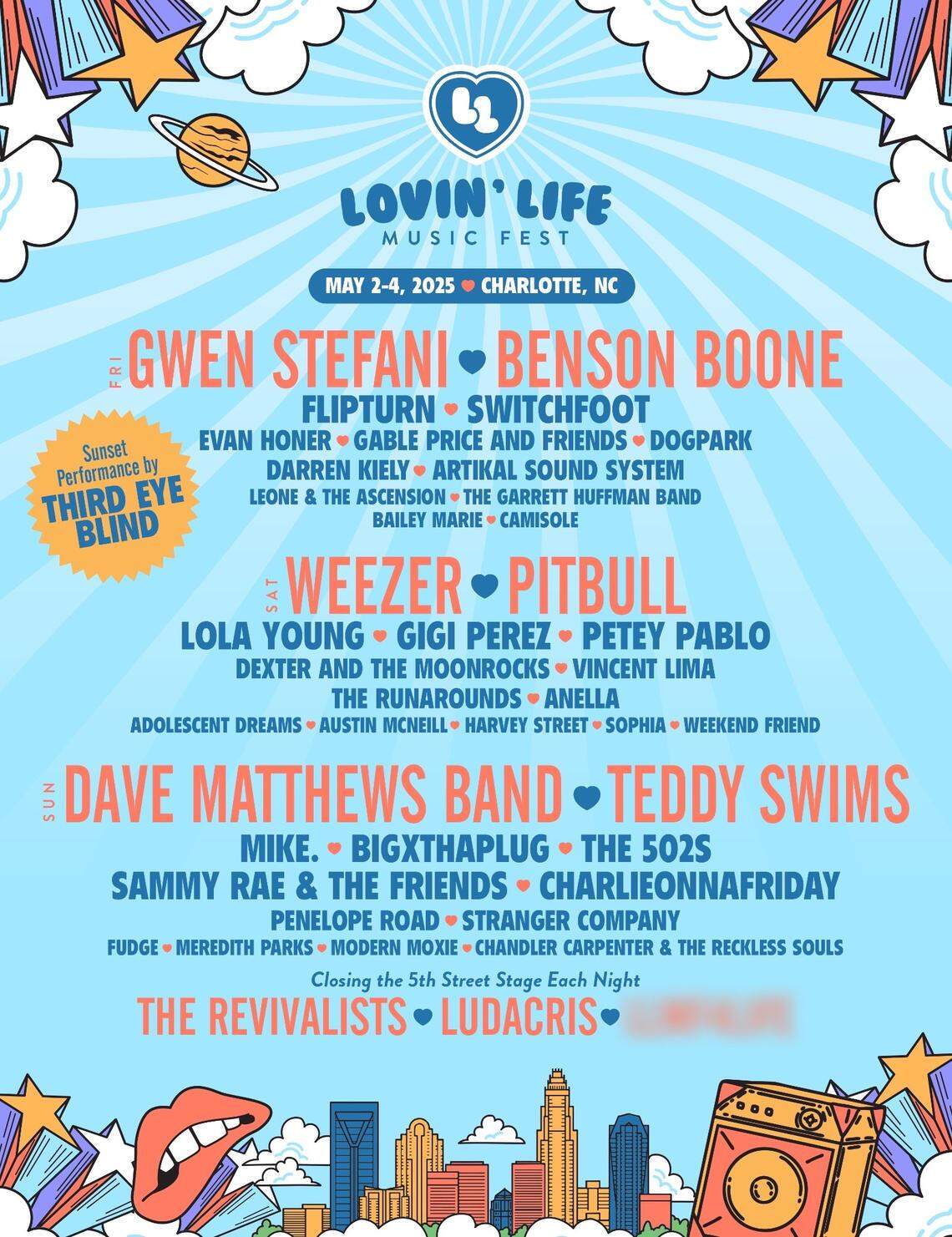 The lineup for the 2025 Lovin’ Life Music Fest in Charlotte, NC.