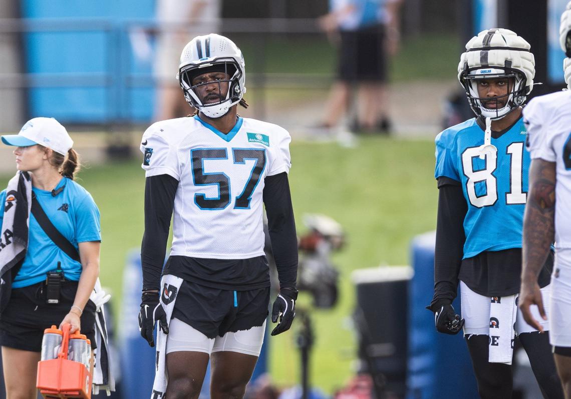 Carolina Panthers Chandler Wooten waits for a drill to start during the Carolina Panthers Training Camp in Charlotte, N.C., on Monday, August 5, 2024.
