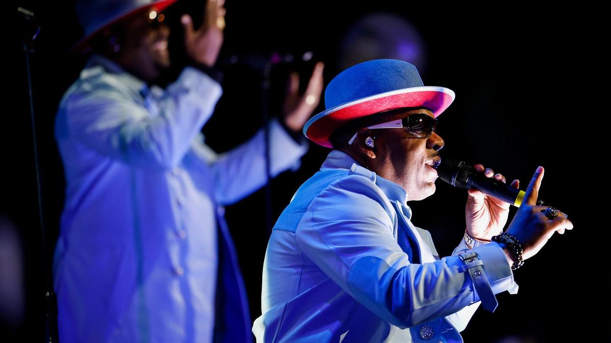Michael Bivins, right, and New Edition perform on stage during The Culture Tour at Spectrum Center in Charlotte, N.C., Sunday, April 3, 2022.