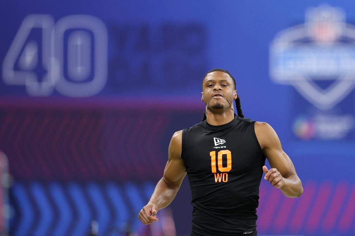 Chris Brazzell II of the Tennessee Volunteers participates in the 40-yard dash during the NFL combine on Feb. 28, 2026, in Indianapolis. Brazzell ran a 4.37 and said it would have been faster except that he false-started.