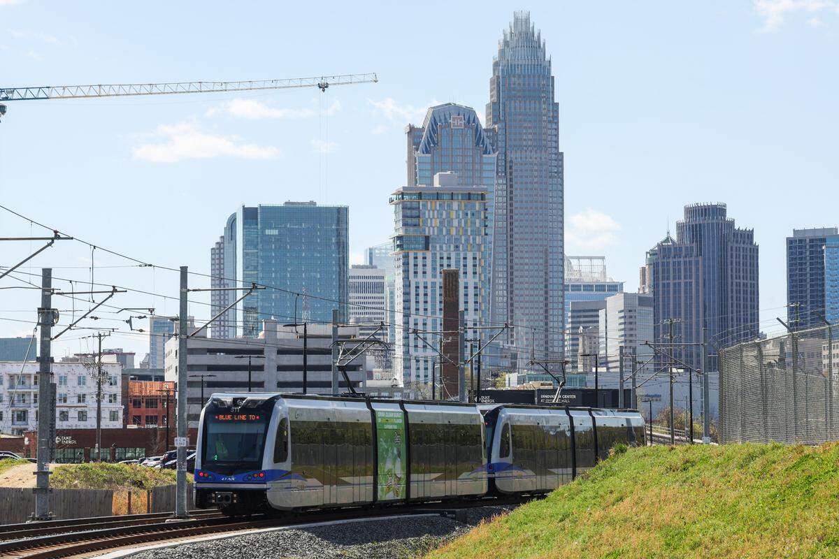 A light rail makes it ways around uptown in Charlotte.