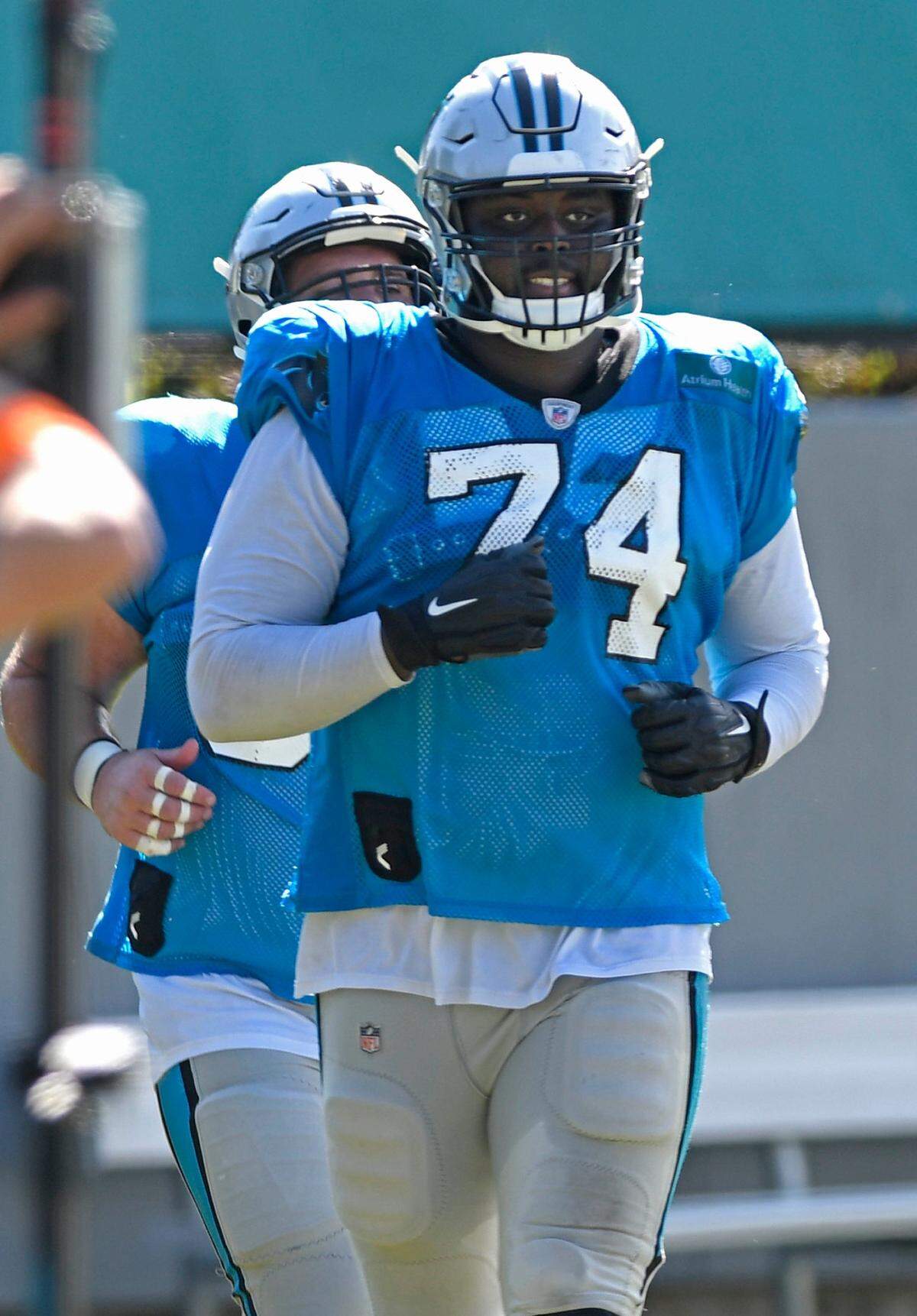 Carolina Panthers offensive tackle Greg Little (74) comes onto the field during Carolina Panthers training camp on Tuesday, August 18, 2020.