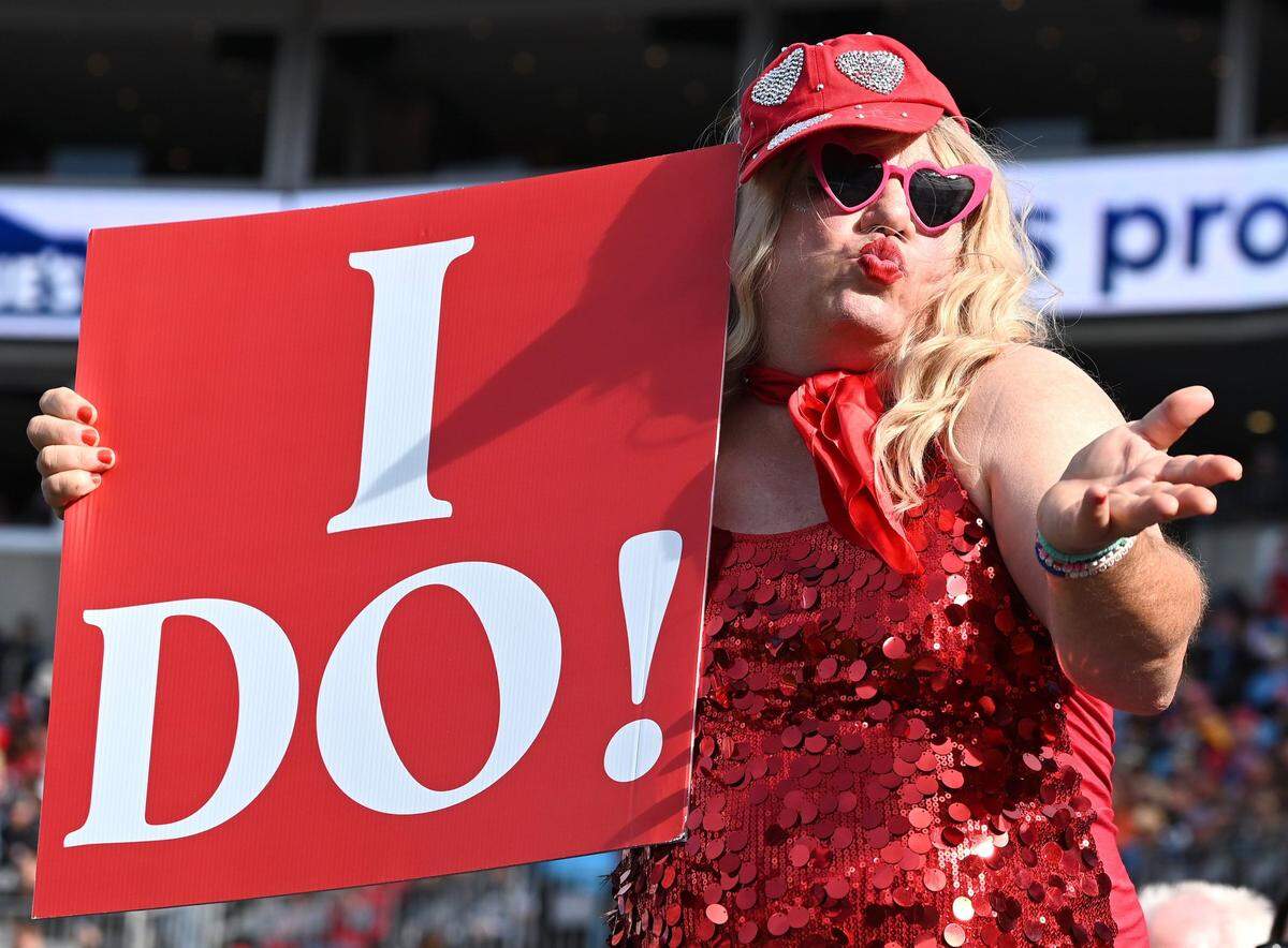 A Carolina Panthers fan dresses up as Taylor Swift during the team’s game against the Kansas City Chiefs at Bank of America Stadium in Charlotte, NC on Sunday, November 24, 2024. The Chiefs defeated the Panthers 30-27.