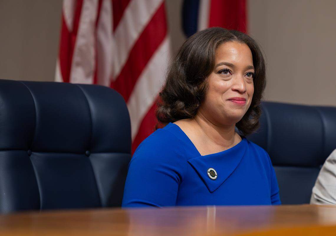 Councilwoman Joi Mayo speaks after being sworn in during the 2025 City Council Swearing-In Ceremony at the Charlotte-Mecklenburg Government Center in Charlotte, N.C., on Monday, December 1, 2025.
