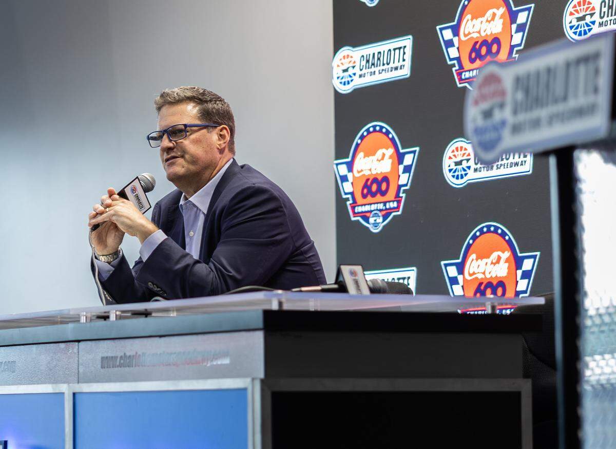 NASCAR CEO Steve O'Donnell speaks about Kyle Busch before the NC Education Lottery 200 NASCAR Craftsman Truck Series at Charlotte Motor Speedway in Charlotte, N.C., on Friday, May 22, 2026. 