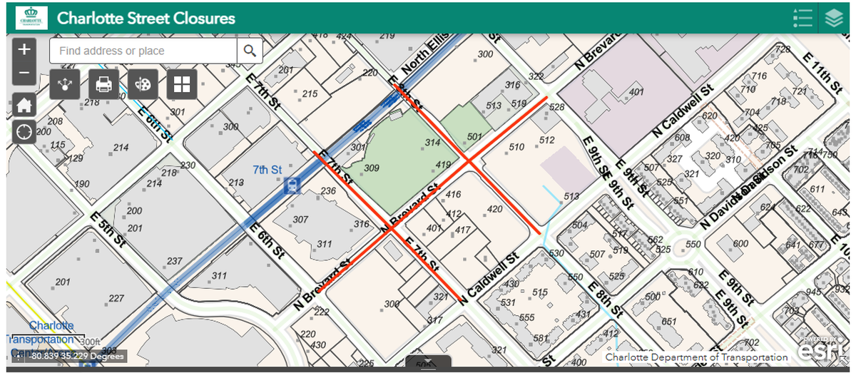 This map from The City of Charlotte shows which streets will be closed for the upcoming Charlotte Pride Festival.