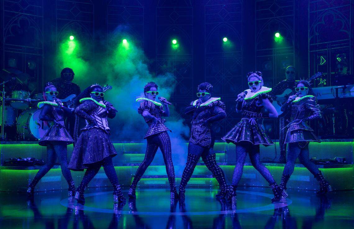 Amina Faye, second from left, and the cast of “Six” strikes a pose during the high-energy, pop-style musical.