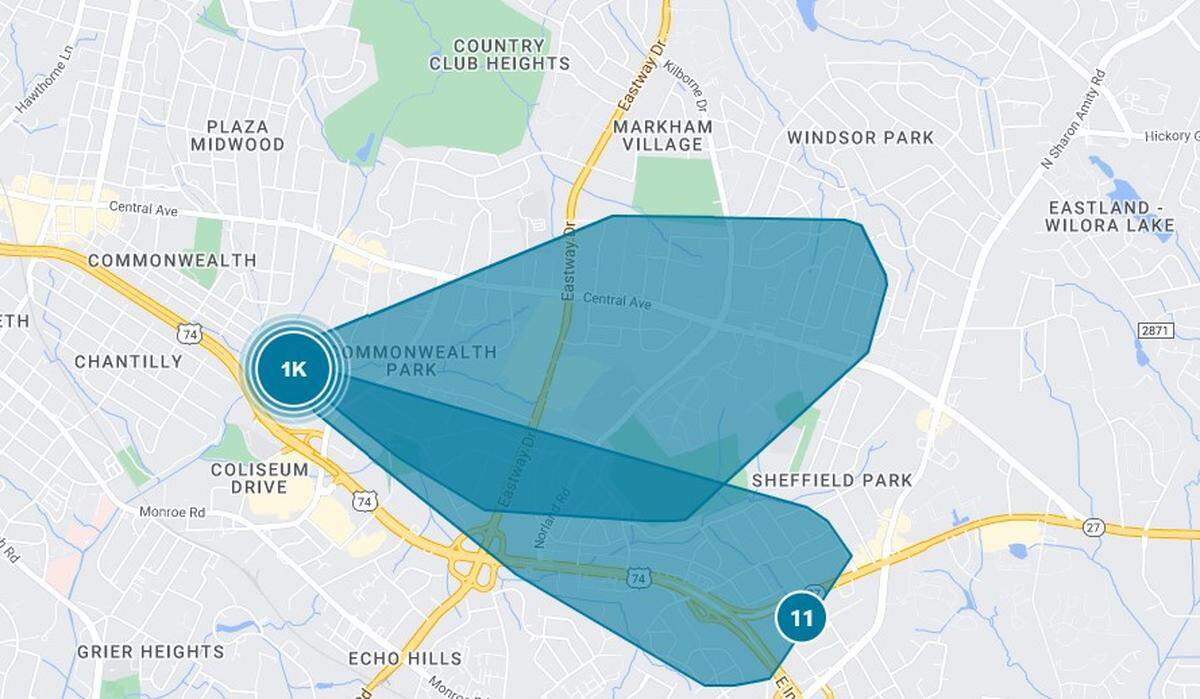 In this screen capture from the Duke Energy outage map, more than 1,000 customers were without power in Charlotte, NC, as of 1:30 p.m. on Sunday, May 22, 2022.