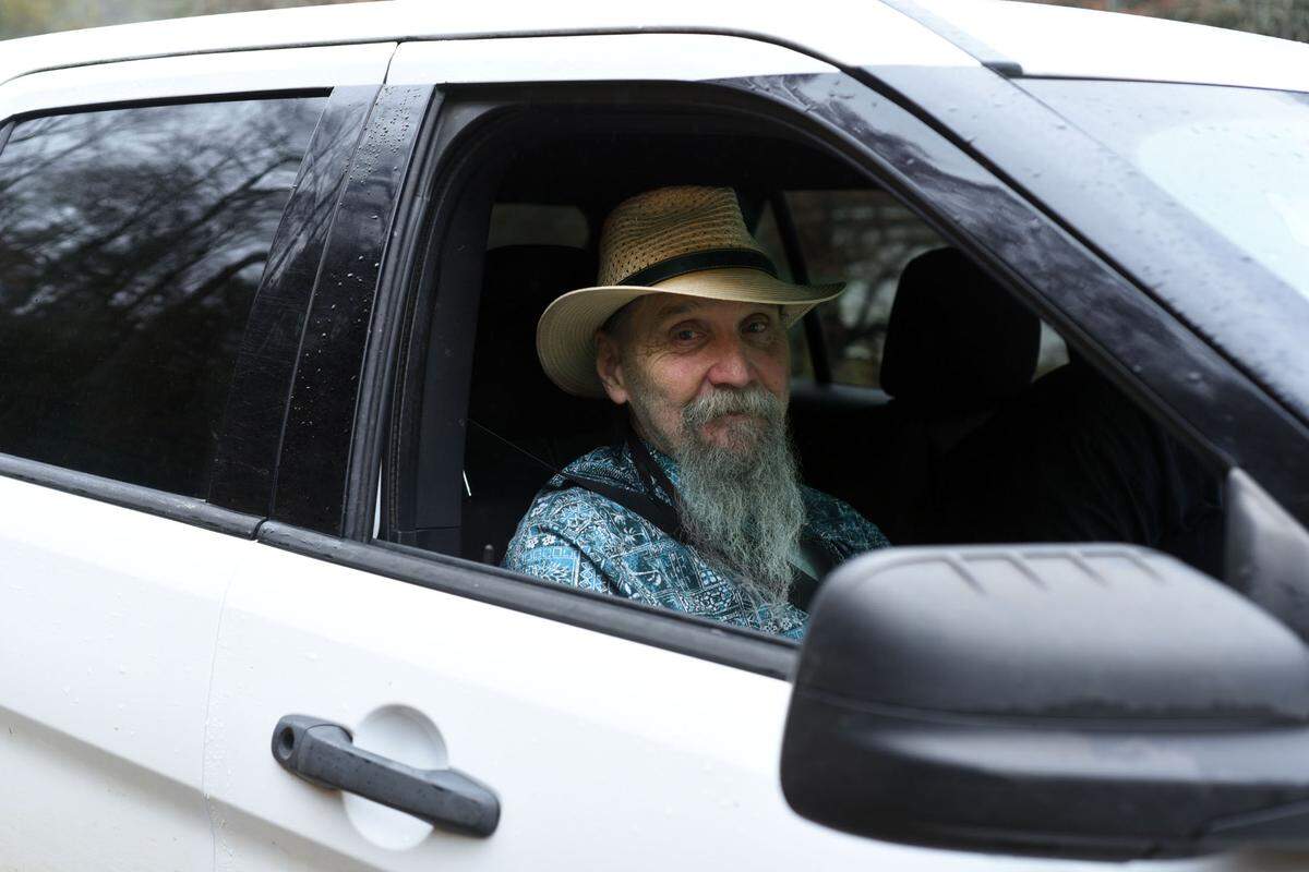 Randy Gurlacz, 72, voted curbside outside White Oak Community Center, known locally as the Old White Oak School. He lost his leg in a bridge building accident years ago, he said.