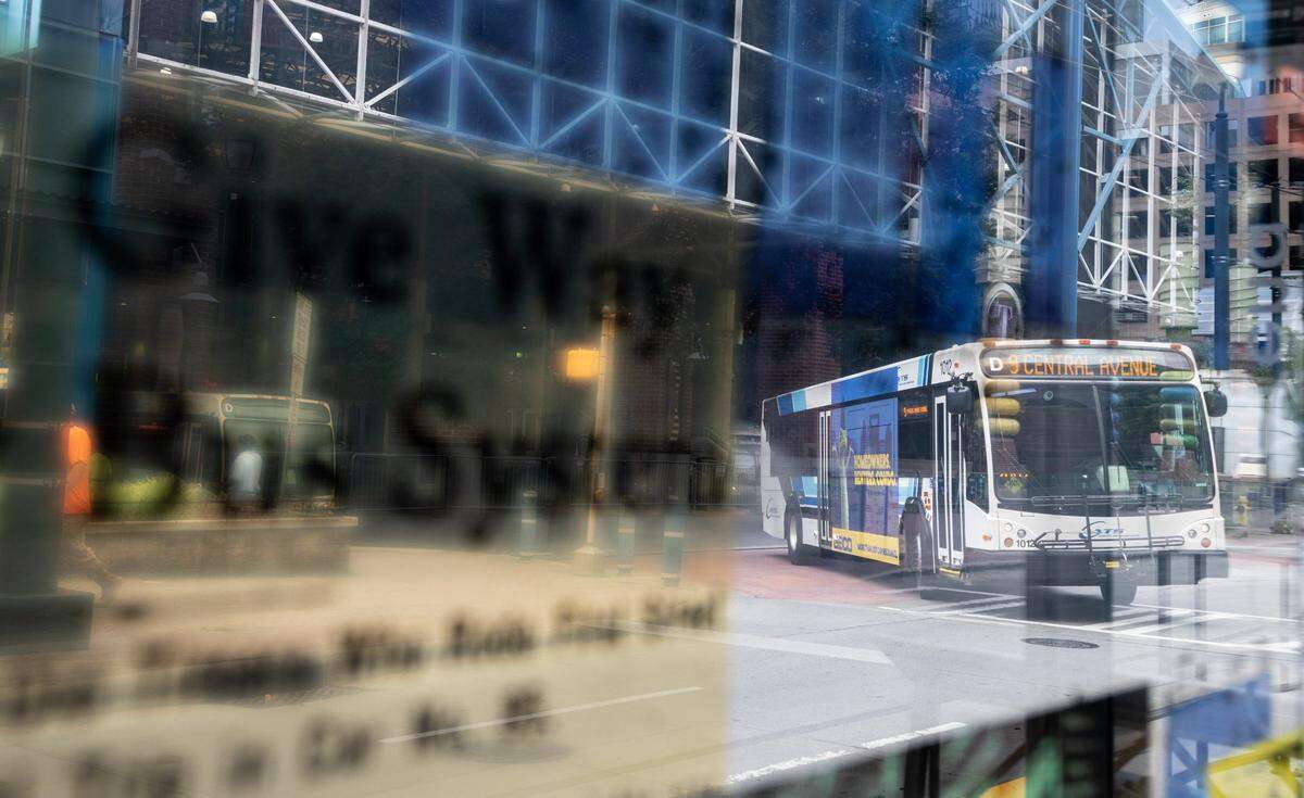 Buses come and go from the Charlotte Transportation Center in Charlotte, June 23, 2022.