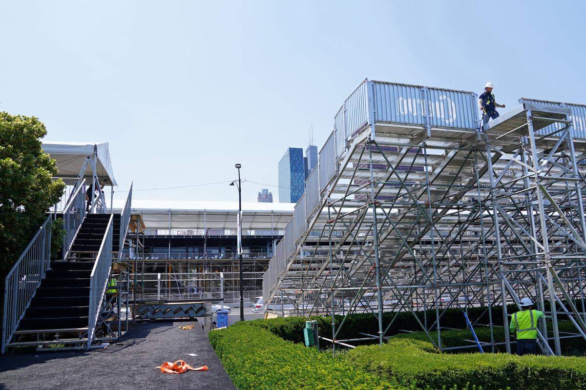Jun 24, 2023; Chicago, Illinois, USA; A general view of the construction progress of the Fountain Club, next to Buckingham Fountain, before the Chicago Street Race. Mandatory Credit: Jon Durr-USA TODAY Sports