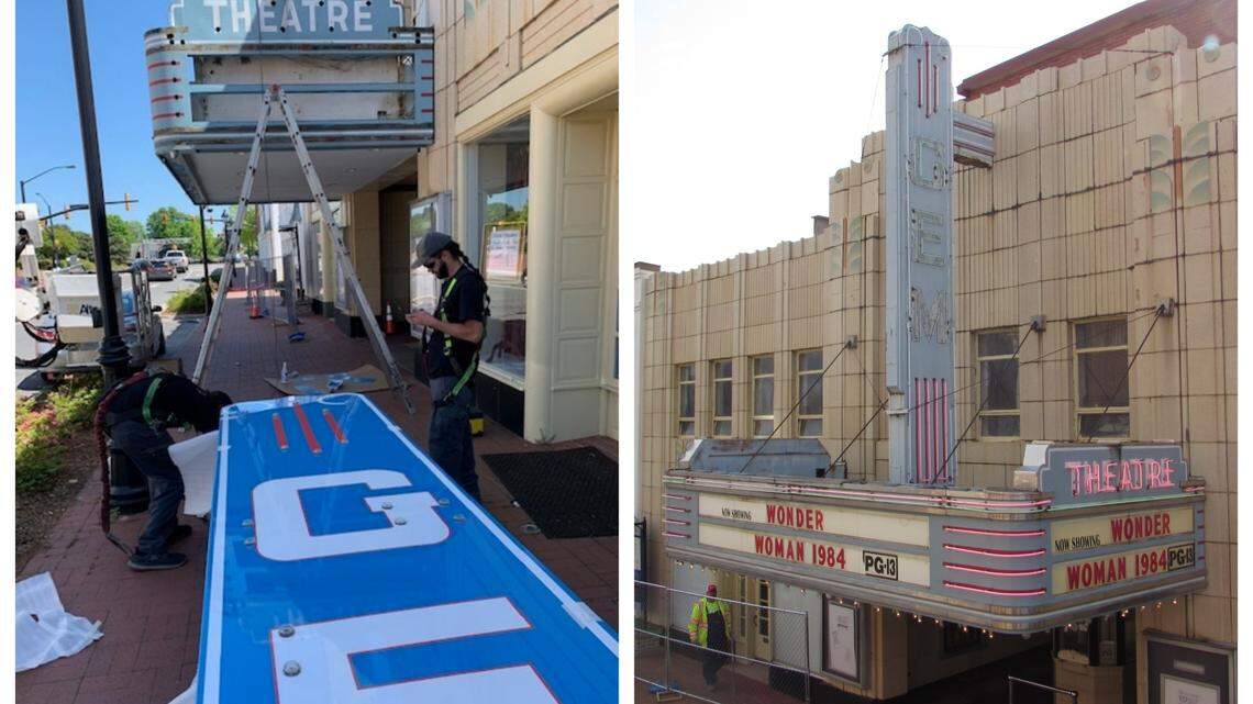 The Gem Theatre in Kannapolis will reopen May 27 with a restored marquee, shown before at right and after at left.