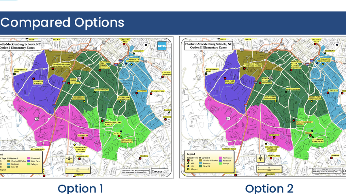 Charlotte-Mecklenburg Schools Board of Education members are considering two different options for how to adjust boundaries in south Charlotte after building a new elementary school close to Park Road in the Montford and Freedom Park area.