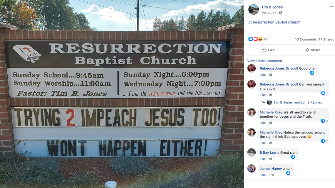 Pro-Trump pastor accuses America of ‘trying to impeach Jesus too’ on NC church sign