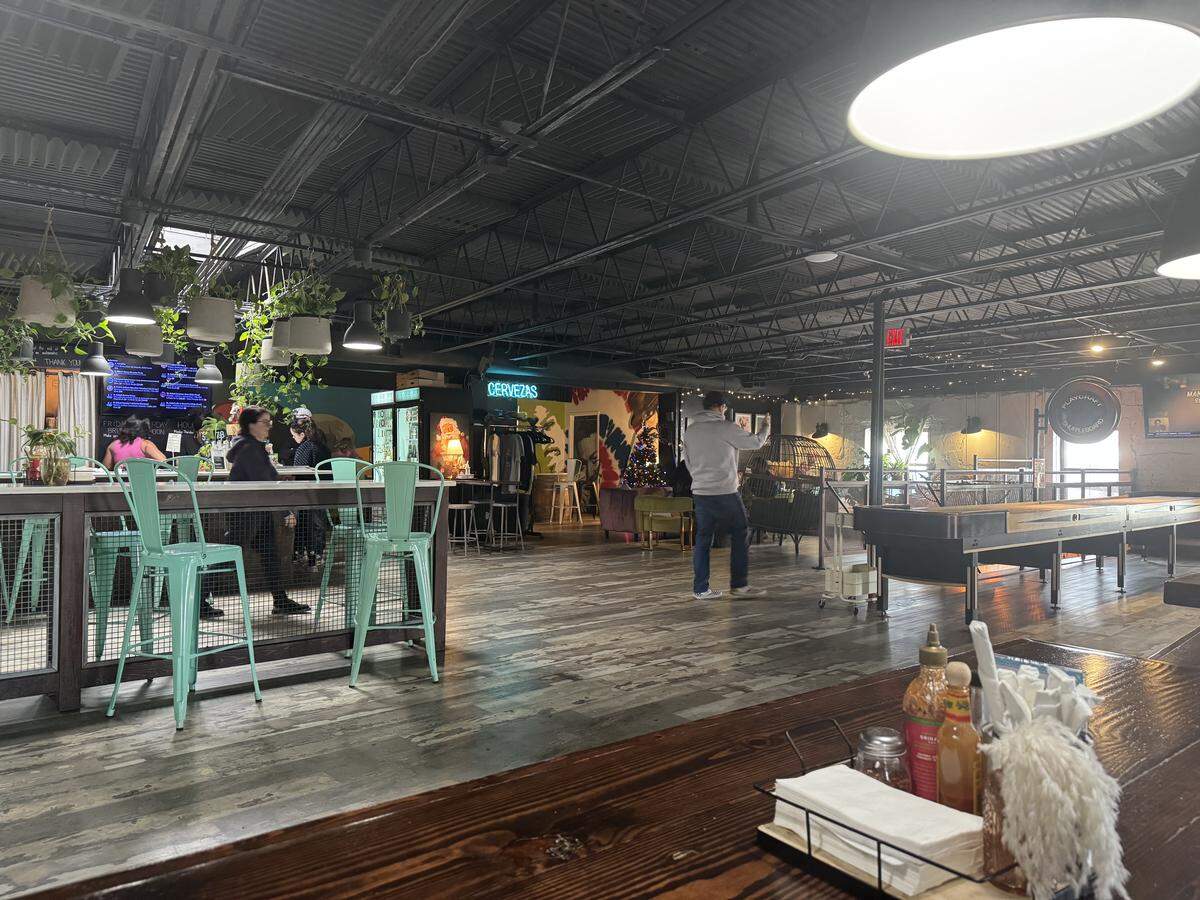 A wide, industrial-style interior of a restaurant featuring dark corrugated ceilings with exposed metal trusses, weathered wood-look flooring, and a long bar with bright mint-green metal stools. Hanging plants in grey pots dangle from the ceiling, while a shuffleboard table, neon “CERVEZAS” sign, and colorful wall art create a relaxed, social atmosphere.