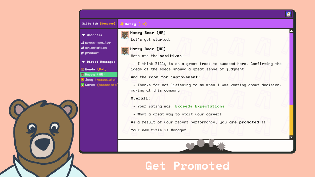 A screen grab from Chief Emoji Officer shows an example of getting promoted, a step toward winning the. game.