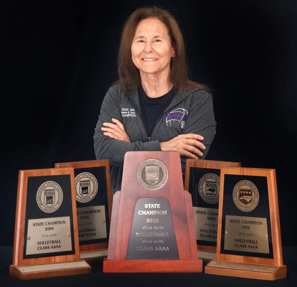 Longtime Providence High and Ardrey Kell High volleyball coach Zoe Bell on Wednesday, Nov. 19, 2025. Bell has won eight regional and five state volleyball championships. Bell now coaches at Ardrey Kell but won four of her five titles at Providence.