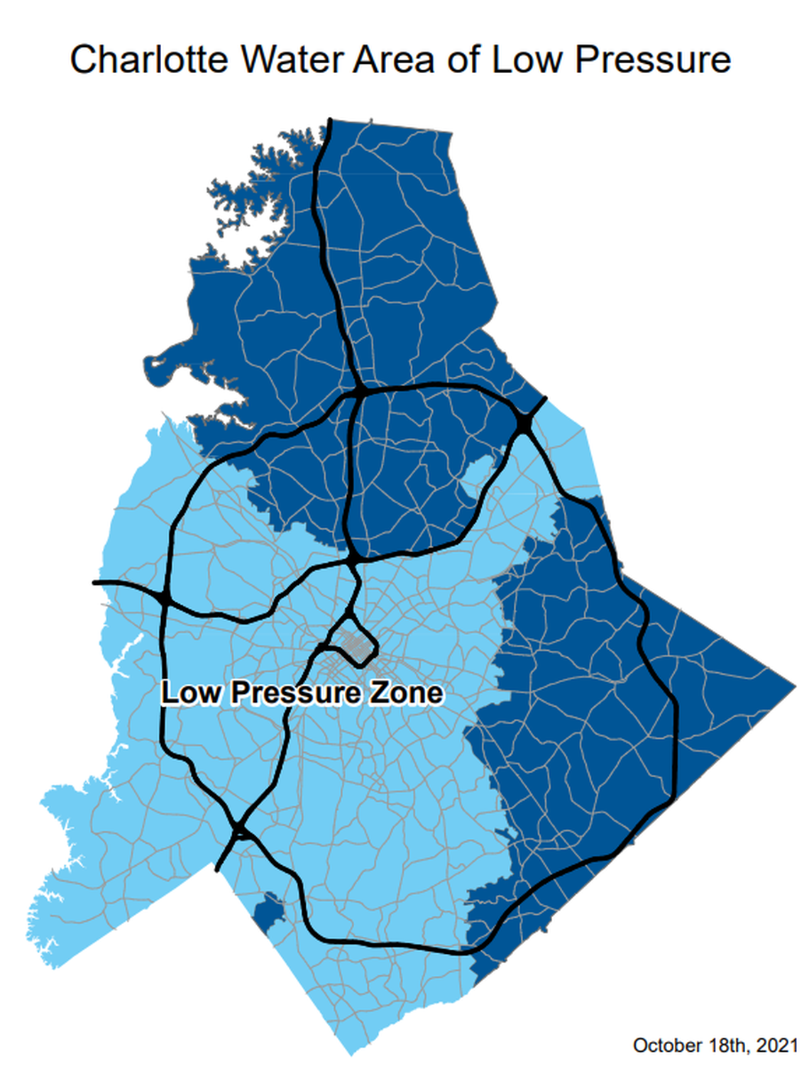 Charlotte Water customers in the “low pressure” area of this map can boil water used for human consumption vigorously for one minute, the city department said. A water main break on Monday, Oct. 18, 2021, affected thousands of customers, including Charlotte’s airport.