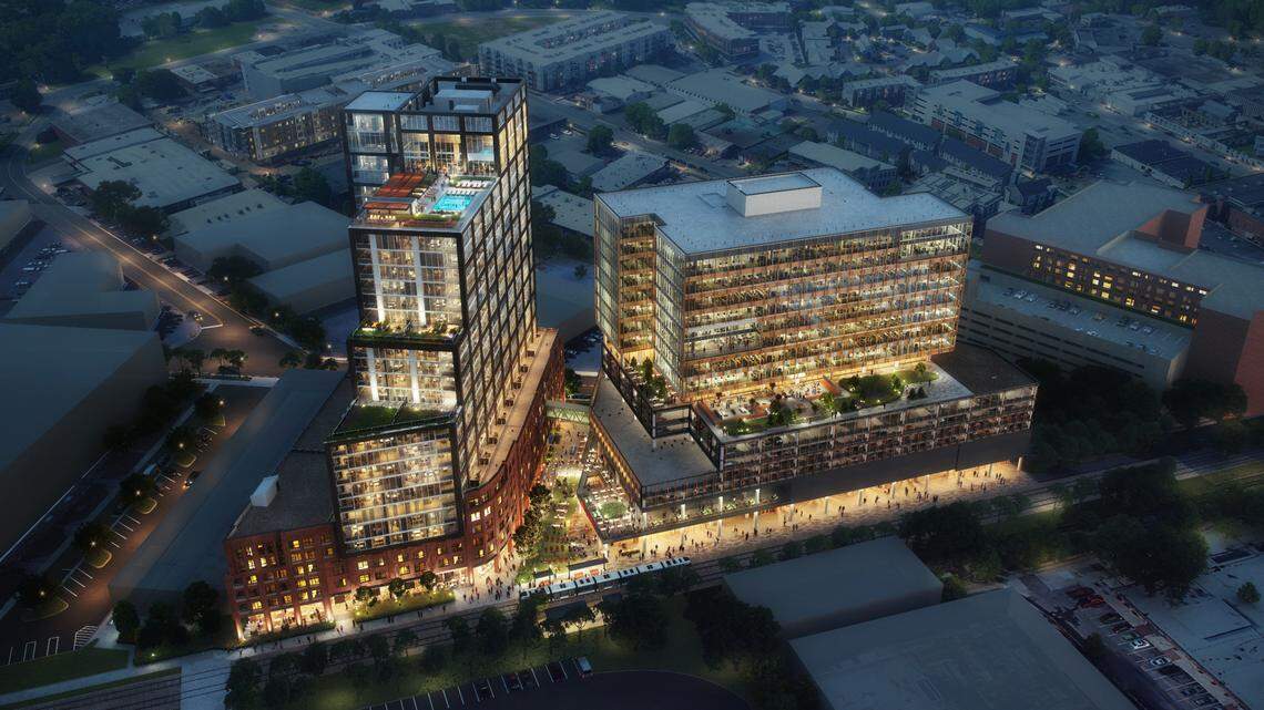 Atlanta-based Portman Residential will start construction in October on the 24-story residential tower seen in this rendering on the left. The tower will have 370 apartments and will sit right off the rail trail in South End.