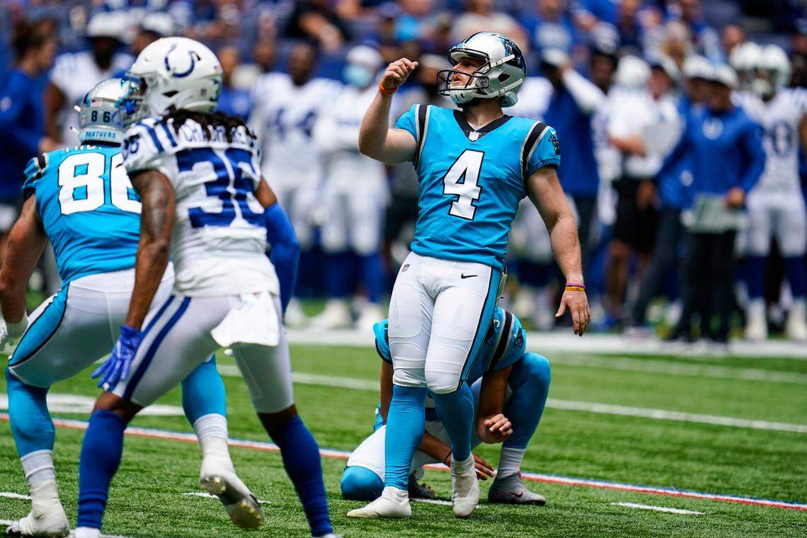 Carolina Panthers kicker Joey Slye (4) kicks a field goal against the Indianapolis Colts during the first half of an NFL exhibition football game in Indianapolis, Sunday, Aug. 15, 2021. (AP Photo/Michael Conroy)