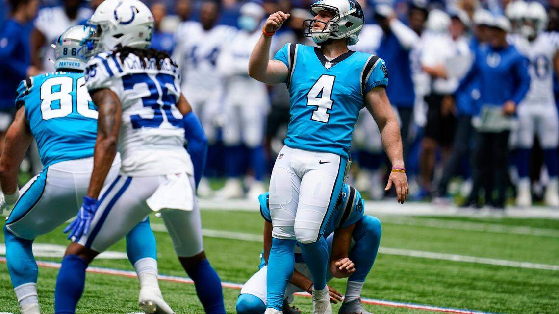 Carolina Panthers kicker Joey Slye (4) kicks a field goal against the Indianapolis Colts during the first half of an NFL exhibition football game in Indianapolis, Sunday, Aug. 15, 2021. (AP Photo/Michael Conroy)
